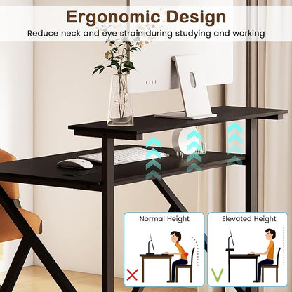 GIANTEX Rolling Small Desk with Storage, Compact Computer Desk for Small Spaces with Charging Station, Monitor Stand, Lockable Wheels, Study Writing Desk for Home Office, Bedroom (Black)