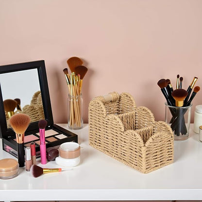CubesLand Bedside Table Desk Organizer Caddy, Remote Pen&Pencil Holder Cup | Makeup Brush Holder w/Scalloped Perfect for Home, Office Desk, Living Room Table Decor, 3 Slots Beige