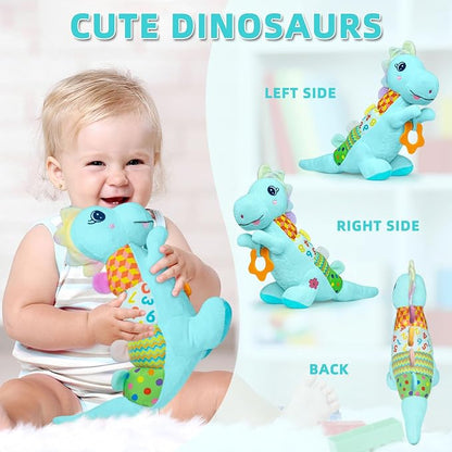Baby Dino Musical Stuffed Animal Toys for 0-3-6-9-12 Months，Infant Dinosaur Tummy Time Toys with Crinkle Sound Paper,Teether，Textures & Rattles for Newborn Boys Girls Birthday Gifts，Blue