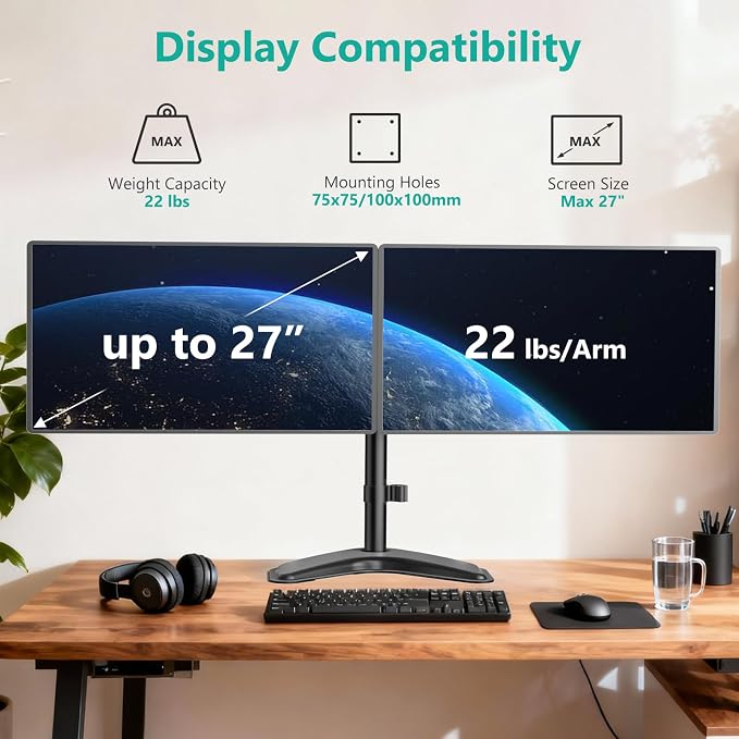 WALI Dual Monitor Stand, Freestanding Full Motion Monitor Desk Mount Fits 2 Screens up to 27 inches, Dual Monitors Arm Fits up to 22lbs, VESA 75x75 100x100 (MF002LM), Black