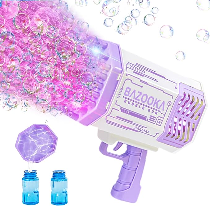 Bubble Gun, Bazooka Bubble Machine Gun, Bubble Blaster Gun with Bubble Solution, 69 Holes Bubble Bazooka Gun Outdoor Summer Toy Party Favors for Kids Purple Easter Bubble Maker Blowers