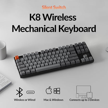 Keychron K8 Wireless Mechanical Keyboard – Silent Red Switch for Quiet Office and Gaming, TKL 87 Keys, Soft White LED Backlight, Bluetooth & USB-C Wired Connectivity, Compatible with Mac and Windows