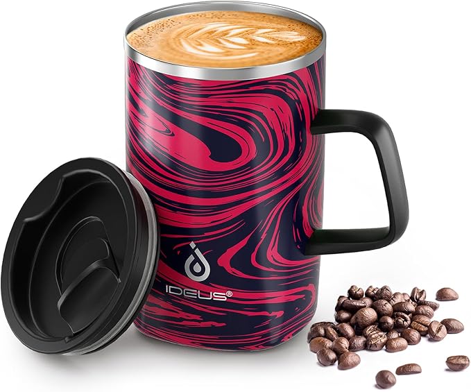 Ideus 16 oz Insulated Stainless Steel Coffee Mug with Lid, Red Zebra | Perfect for home, office, or daily use| Easy to clean wide mouth| Sweat-proof| On the go