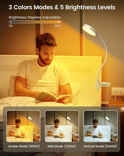 Glocusent 5W Clip on Light, 3 Colors & 5 Brightness Reading Light for Bed | Flexible Gooseneck Clip on Lamp, 30-Min Timer, Reading Lamp, Perfect Desk Lamp for Dorm,Bunk,Bed,Headboard,Table,Work,Craft