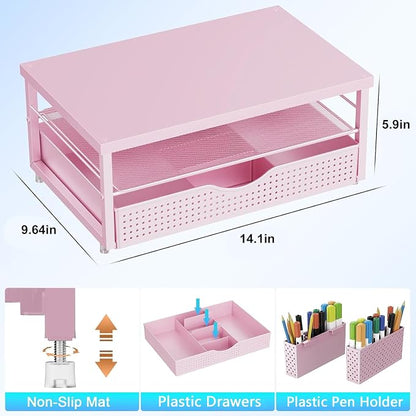 gianotter Desk Organizers and Accessories, Monitor Stand with Drawer and 2 Pen Holder, Desktop Organizer Suitable for Offices and Dormitories (Pink-Plain)