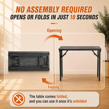 Folding Table Computer Desk - 35.8" No Assembly Folding Desk with Power Outlets & USB Charging Port, Small Desk, Foldable Office Desk, Compact Storage Portable Use for Small Space, Marble Greige