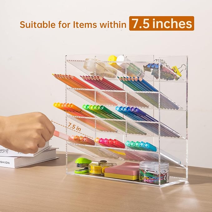 BEYGORM Acrylic Vertical Marker Organizer for 150 Markers, Desk Orgaizer | 13 Compartments Clear Angled Pen & Pencil Holder, Large Stationery & Art Supply Storage for School (10.2 x 9.8 x 4 Inch)