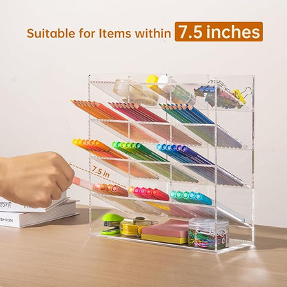 BEYGORM Acrylic Vertical Marker Organizer for 150 Markers, Desk Orgaizer | 13 Compartments Clear Angled Pen & Pencil Holder, Large Stationery & Art Supply Storage for School (10.2 x 9.8 x 4 Inch)
