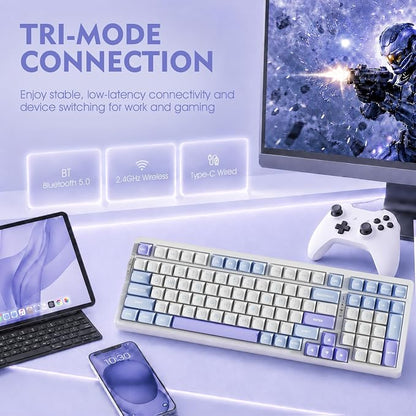 VGN V98ProV3 Gaming Keyboard, Tri-Mode Wireless Custom Mechanical Keyboard | Hot Swappable Gasket Keyboard , Bluetooth 2.4G USB-C, RGB Backlit Computer Keyboards for PC Mac, Pre-lubed Cow Switch, Purple