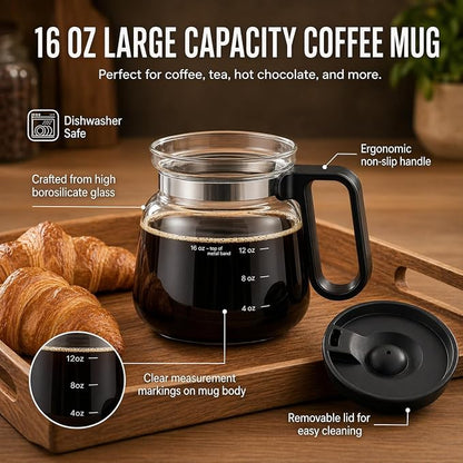 Coffee Pot Mug with Lid, 16oz Glass Mini Coffee Pot Cup, Heat-Resistant Clear Travel Mug, Spill-Resistant Novelty Coffee cup for Office Desk & Coffee Lovers gift