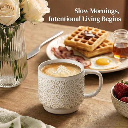 DOWAN 12oz Coffee Mugs Set of 4, Ceramic Coffee Mugs, Stackable Cappuccino Cups, Microwave Safe and Large Handle, Office and Home Use