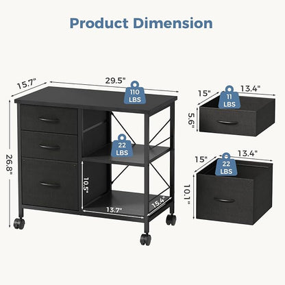 DUMOS 3 Drawer Mobile File Cabinet, Freestanding Fabric Lateral Filing Cabinet Fits A4/Letter Size, Space Saving Rolling Printer Stand with X-Frame and Open Storage Shelf for Home Office, Modern Black
