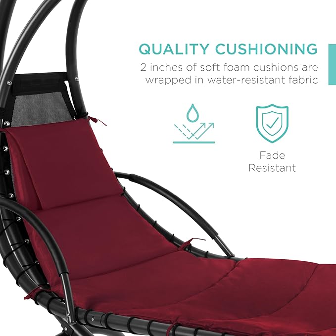 Best Choice Products Outdoor Hanging Curved Steel Chaise Lounge Chair Swing w/Built-in Pillow and Removable Canopy - Burgundy