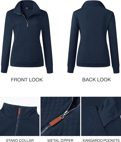 BTFBM Women Fashion Quilted Pattern Lightweight Zipper Long Sleeve Plain Casual Ladies Sweatshirts Pullovers Shirts Tops