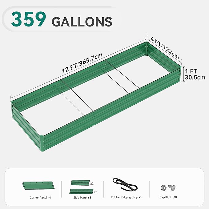 YITAHOME 144x48x12 in Galvanized Raised Garden Bed Kit, Large Metal Planter Box with Gloves, Safety Rubber & Support Rod, Outdoor Flower Bed for Plants Vegetables, Green