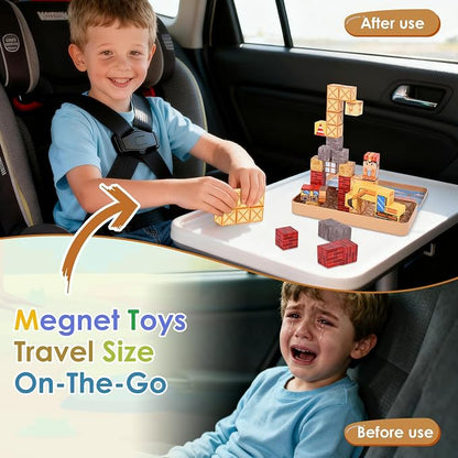 Magnetic Building Blocks Sensory Toys, Toddler Montessori Construction Stacking Toys, 35PCS Magnet Cubes for Kids, Gifts for Boys Girls, Portable Travel Toy Stem Learning Activities for Toddlers 3-8