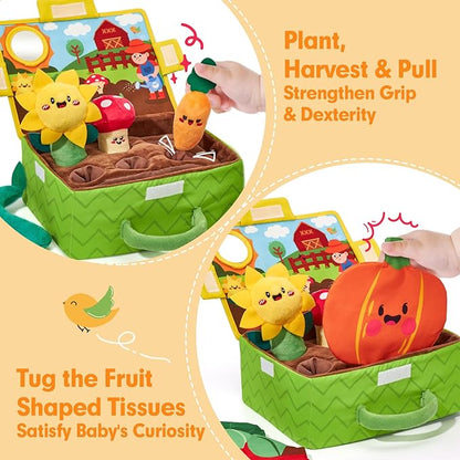 hahaland Baby Toys 6-12 Months - Fruits Vegetables Garden Plant Farm Plush | 6 Month Old Montessori Sensory Toys Carrot Flower with Rattles Mirror Squeaker Crinkle Tissues, 9 Month Old Gifts for Babies