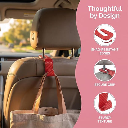 4PCS Car Seat Headrest Hooks, Auto Back Seat Hanger Holder, Durable Stylish Vehicle Organizer Universal Car Interior Accessories, Storage Hooks for Purses, Bags, Clothes (Carbon Fiber/Red)