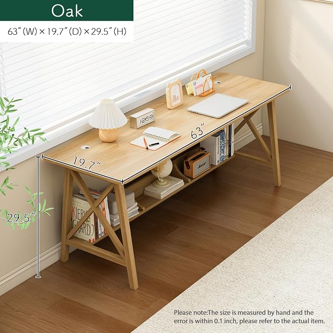 NELYE Extra Long Writing Desk with Bookshelf, 63" Wx20 Dx30 H, Oak | Wooden Home Office Work Study Table, Computer Gaming Workstation with Storage Shelf, Sturdy MDF Resists Wobble