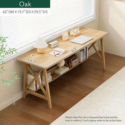 NELYE Extra Long Writing Desk with Bookshelf, 63" Wx20 Dx30 H, Oak | Wooden Home Office Work Study Table, Computer Gaming Workstation with Storage Shelf, Sturdy MDF Resists Wobble