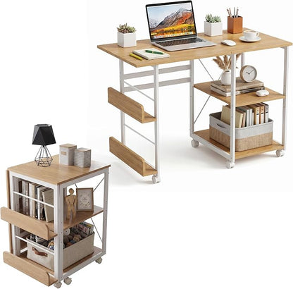 Garvee Folding Desk with Wheels, 31.5" Foldable Computer Desk with Storage Shelf, Space Saving Rolling Home Office Desk for Small Spaces, Portable Writing Table with Side Organizer, Oak