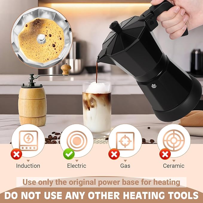 Electric Moka Pot, 3 or 6 Cup Espresso Coffee Maker, Black | Food-grade aluminum, dose reduction plate, boil-dry protection, auto-stop, detachable base, for Cuban and Italian coffee