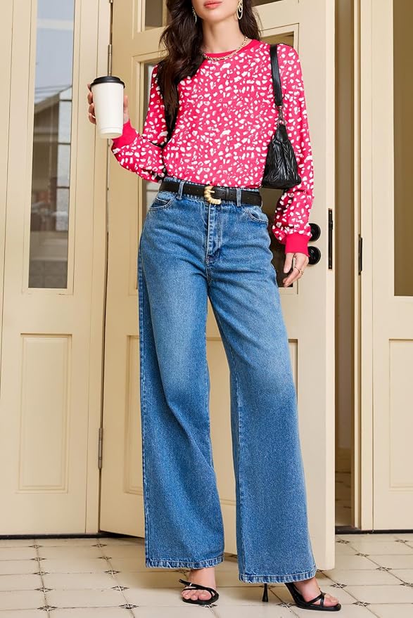 EVALESS Womens Crewneck Long Sleeve Tops Casual Polka Dots Tops Fall 2026 Tshirts Shirts