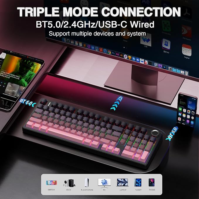 AULA F99 Pro Wireless Mechanical Keyboard with Knob,Tri-Mode BT5.0/USB-C/2.4GHz Hot Swappable Keyboard,Gasket Structure,Creamy Sound,RGB Backlit Computer Gaming Keyboards