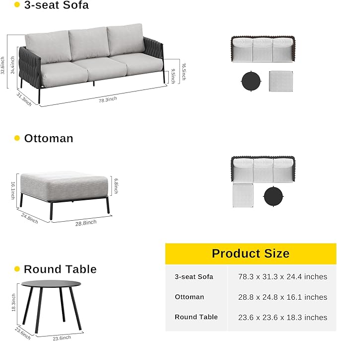 EAST OAK Life Chatter Patio Furniture Set, Outdoor Furniture Sectional Sofa Set with Round Coffee Table, 4 Seats Sofa Deep Seating with Thick & Washable Cushions, Earth Black & Misty Grey