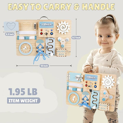 Joyreal Wooden Busy Board for Toddlers, 10-in-1 Montessori Sensory Toys with Music Box, Activity Learning Board with Door Hidden Mirror, Educational Travel Toy for 1 2 3 Year Old Boys Girls
