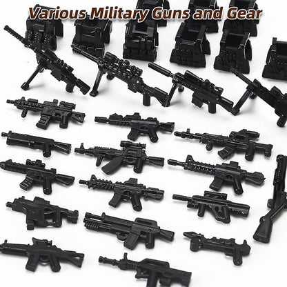 SWAT Military Weapon Pack Building Block Set City Police Accessories | Black Tactical Gear with Robot Dog Drones Inflatable Boat Motorcycle Toy Kit for Kids Ages 4+