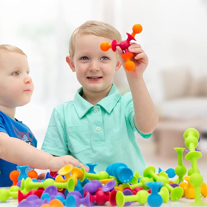 48 Piece Suction Cup Toys Construction Set, Silicone Building Blocks DIY Blocks - Sucker Toy are Fun Bath Toys, Fidget Toys for Toddlers 3-5 Old Boys and Girls