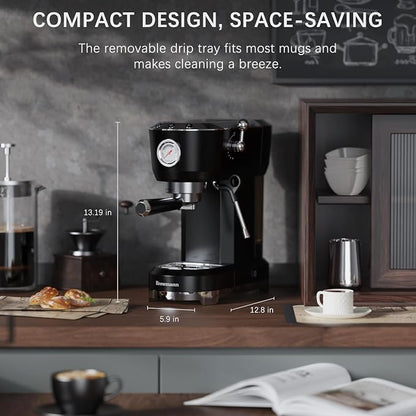 Espresso Machine with Powerful Steam Milk Frother, 20 Bar Coffee Machine for Latte, Cappuccino, Compact Espresso Maker for Home, Fast Heating, 42oz Removable Water Tank, Black