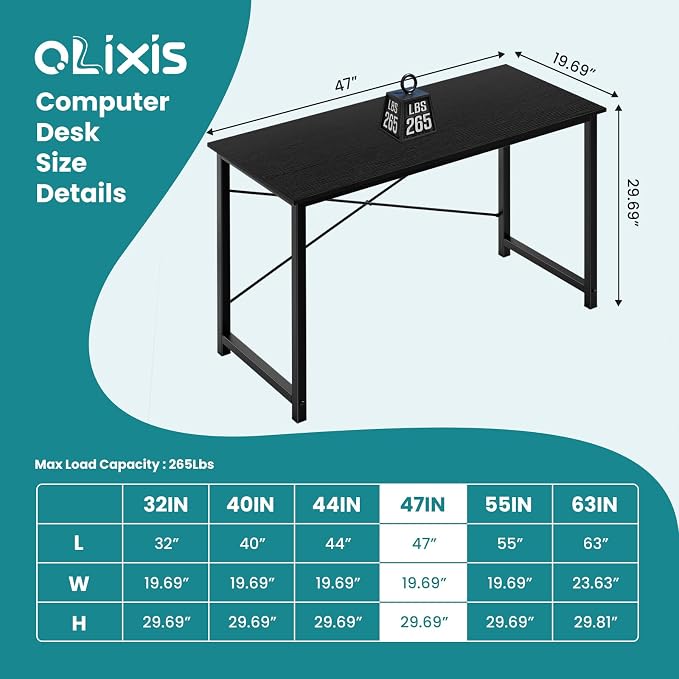 OLIXIS 47 Inch Home Office Desk, Study Desk, Work Table | Small Computer Writing, X-Shaped Reinforcement Structure, Modern Simple Style, Bedroom Dorm Room, Black