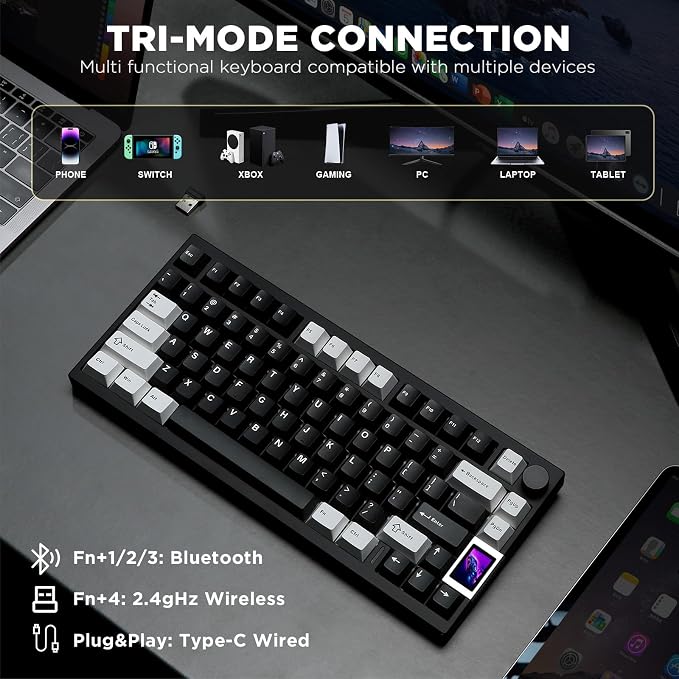 YUNZII AL80 75% Wireless Aluminum Mechanical Keyboard(Black, Cocoa Cream) | QMK/VIA, Smart LCD Display and Knob, Hot Swap, Gasket Structure, BT/2.4G/USB-C, RGB Keyboard for Gaming/Win/Mac