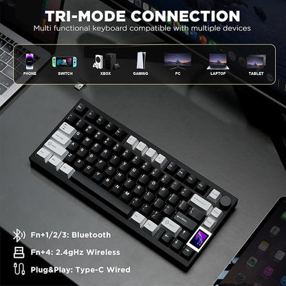 YUNZII AL80 75% Wireless Aluminum Mechanical Keyboard(Black, Cocoa Cream) | QMK/VIA, Smart LCD Display and Knob, Hot Swap, Gasket Structure, BT/2.4G/USB-C, RGB Keyboard for Gaming/Win/Mac