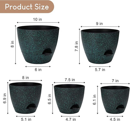 Plant Pots 10/9/8/7.5/7 inch, Self Watering Planters with Drainage Holes & Saucers for Indoor and Outdoor Plants (Green Speckles)