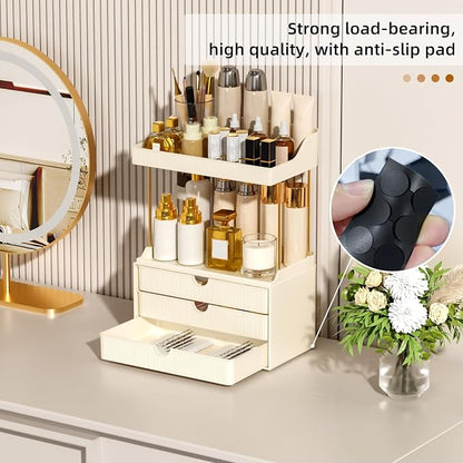 StorBin Arcylic 5-Tier Makeup & Skincare Organizer for Vanity, Bath | Smooth 3 drawers, clear body, gold frame, non-slip, for perfumes, serums, face masks, palettes, vanity & bath counter,white
