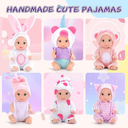 6PCS 4 Inch Realistic Open-Eye Baby Doll Playset - Mini Reborn Baby Dolls with Handmade Pink Clothes, Christmas Easter for Kids Age 3+
