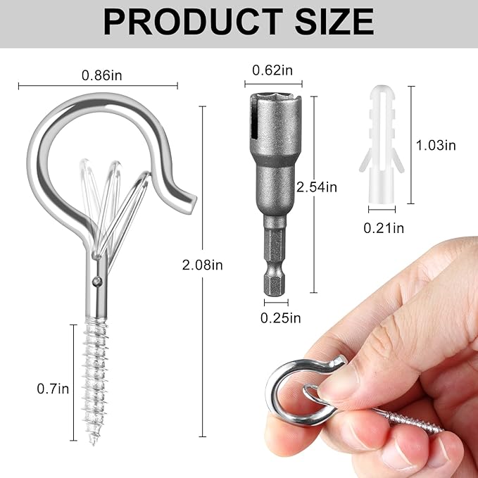 24 PCS Q-Hanger Hooks, Screw Hooks for Outdoor String Lights, Safety Buckle Design Cup Eye Hook for Hanging Christmas Lights, Plants, Mounted on Wall Ceiling, Include 1 Wing Nut Driver, Silver
