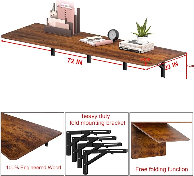 IAE 72x22in Floating Fold Desk,Wall-Mounted Folding Computer Table,Rustic | Study Table with Shelf Brackets,Foldable Down Shelf with Engineered Wood,Fold Computer Desk for Small Apartment,Holds 519 lb