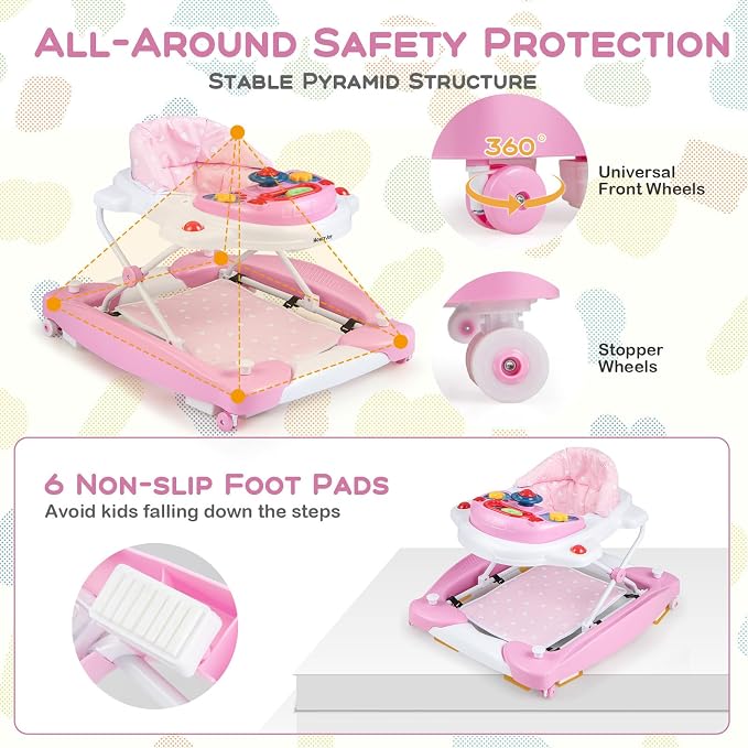 BABY JOY 6-in-1 Baby Walker, Foldable Baby Walker with Wheels, Adjustable Height, Music, Lights, Bouncer & Rocker Mode, Baby Walkers for Boys Girls 6-14 Months (Pink)