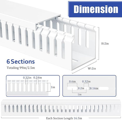 ZhiYo 2 x 2in Professional Server Rack Cable Management Raceway, 99in (6X L16.5in) Cable Raceway Kit, Electrically Safe PVC Open Slot Wire Raceway for Under Desk/Computer/Network Cords, White