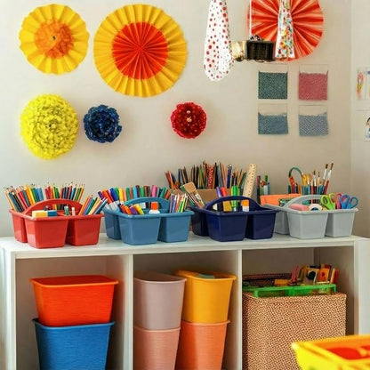 Kathfly 4 Pack Classroom Caddy Organizer with Handle, Plastic Art Craft Cleaning Caddy Bulk, Small Multipurpose Supply Organization Storage Basket for Table Desk Office Pencil Teacher (Blue Orange)