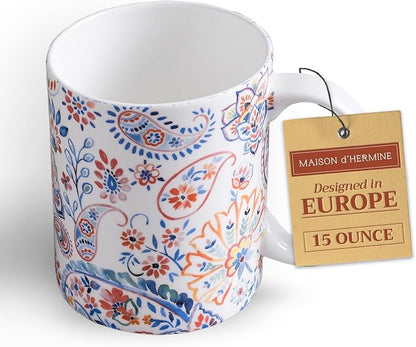 Maison d' Hermine Coffee Mug with Handles Tea Cups (15 Ounce, Pack of 1) | Fine Bone China Coffee Mugs for Hot Beverages Cappuccino Latte Home Restaurant Hotel Spring Summer -Indian Floral - Paisley