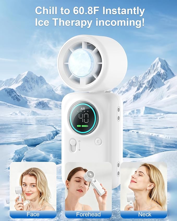 Handheld Turbo Fan with Ice Cooling, High Speed Personal Fan, Neck Fan Rechargeable Battery Up to 20H, Mini Pocket Fan for Outdoor Work, Office Desk, Home Watching Game, Travel, Beach Gifts