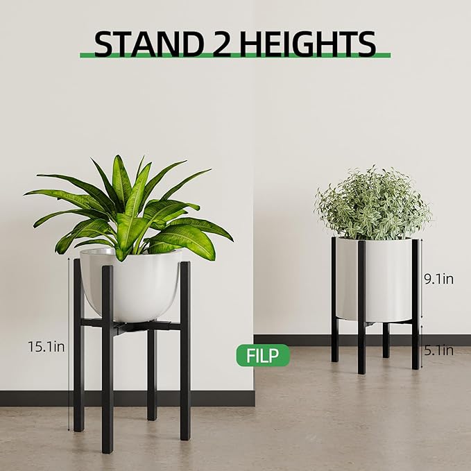 Adjustable Metal Plant Stand Indoor, Mid Century Modern Outdoor Planter Holder for 9 to 15 Inch Pots, Heavy Duty 160 LB Load, Corner Floor Stand for Home Garden Decor Black with Round Plate
