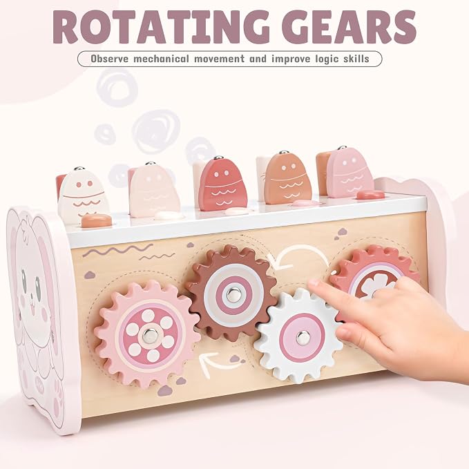 Joyreal Montessori Toys for 1 Year Old Girl Gift - Pink Wooden Hammering Pounding Toy with Xylophone & Fishing Game - Toddler Learning Activities for Kids 1+ 2 3 Year Old Christmas Birthday Gifts