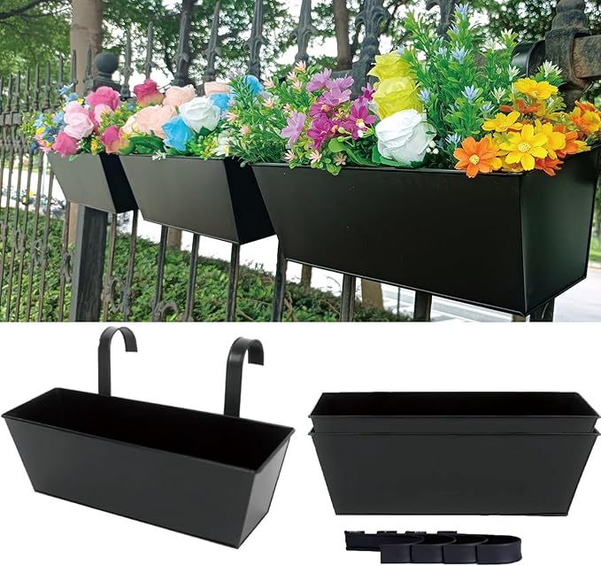 3 Pcs Large Hanging Flower Pots for Railing Or Fence 16 Inch Railing Planter Box for Any Balcony, Porch or Deck Countryside Style Window Planter Boxes Are Perfect to Herbs & Flowers for Garden (Black)