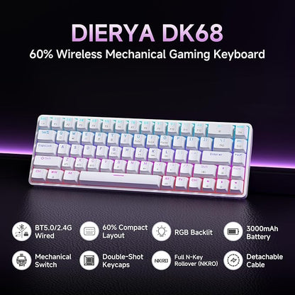 DIERYA DK68 60% Wireless Mechanical Gaming Keyboard, 3-Mode, Bluetooth 5.0/2.4G/USB-C, RGB Backlit, 68-Key Compact Mini for Windows, Mac, Linux - Linear Red Switch - White